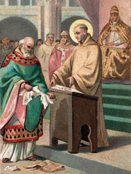 Konciliet i Reims 1148: Sankt Bernard av Clairvaux (1090-1153) (San Bernardo di Chiaravalle) anklagade Gilbert de la Porree, eveque av Poitiers, för kätteri - Kromolitografi från slutet av 1800-talet