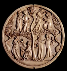 Artiga kärleksscener. Elfenbensspegelboxventiler. Början av 1300-talet. Dämpa. 11 cm. Paris, Louvren