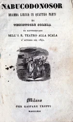 Omslag till det första librettot av Nabucco av Giuseppe Verdi (1813 - 1901), som först fick namnet Nabucodonosor