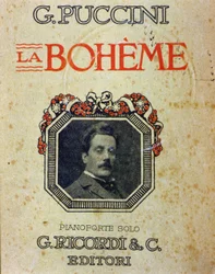 Omslag till partituret "" La Bohème"" av Puccini (1858-1924) med hans porträtt.