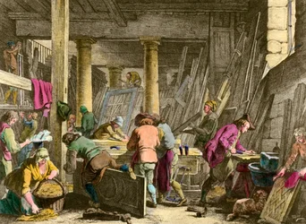 Hantverk: ”Snickaren Sieur Jadots verkstad”. Arbetare i arbete på 1700-talet. Gravyr från 1800-talet. Privat samling.