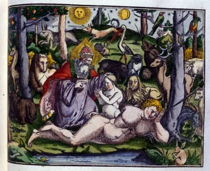 Skapelse: Gud representerad omgiven av människor och djur (hund, trana, lejon, rådjur, bäver, apa, enhörning, vildsvin, papegojor, kanin...), enligt Historiae animalium av Konrad Gesner, Tiguri