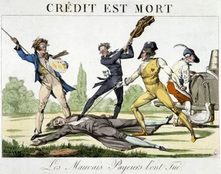 Kredit dog: dåliga betalare dödade den - karikatyr omkring 1820
