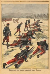 Krypande gångmanövrar i armén, experimentera med nya tampongerarmband, som skyddar handflatan. Gravyr i "" Le petit journal"" 1896-08-16. Selvas samling.