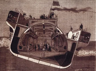 Tvärsnitt av en båt designad mot sjösjuka av Henry Bessemer (1813-1898). Gravyr 1800-talet.