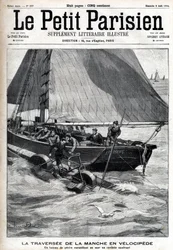 Korsar hylsan i velociped: en fiskebåt samlar Georges Pinkert till sjöss som hade gjort vadet att korsa hylsan med den vattenvelociped han hade uppfunnit. Gravyr i "" Le Parisien""