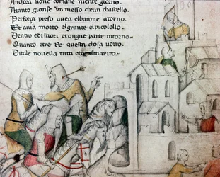 Korsfarare anfaller en morisk fästning. Illustration till den toskanska dikten ”Febusso e Breusso”. Handskrift MS.B.R.45. 1400-talet. Florens, Biblioteca Nazionale