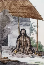 Kultur, civilisation och indiskt samhälle: Porträtt av en Fakir (Faquir) under bön, Indien. Gravyr 1808.