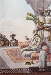 Kultur, civilisation och indiskt samhälle: Porträtt av en Radjah (Rajah) suverän av Brahman, Indien. Gravyr från 1808.