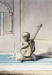 Kultur, civilisation och indiskt samhälle: Musiker som spelar Thambourah (Tamboura), Indiens traditionella instrument. Gravyr 1808.