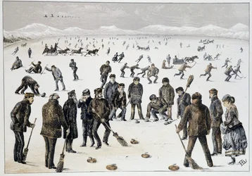 Curling på en frusen sjö nära Halifax, Nova Scotia - i "" Skisser över kanadensiska sporter och tidsfördriv"" av Lieut. Henry Buckton Laurence