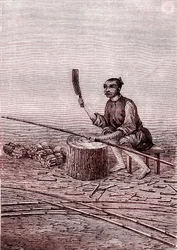 Skärning av små bitar av bambu, papperstillverkning i Kina (3:e århundradet f.Kr.) (gravyr)