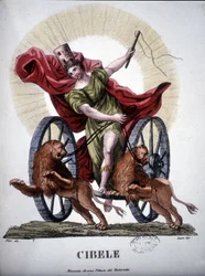 Cybele, gudomlighet som personifierar naturens reproduktionskraft - i "" Dizionario mitologico"", gravyr från 1800-talet efter en målning av Tintoretto, Bibl. di Brera, Milano.