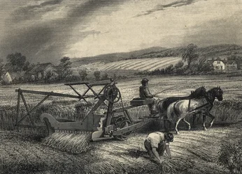 Cyrus McCormicks skördemaskin från 1831, visad på utställningen i Kristallpalatset 1851.