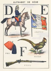 D E F: drake, flagga, fasan, fez, gevär
