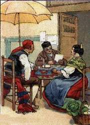 Vardagsliv i Spanien: ett analfabetiskt par talar till en offentlig författare, början av 1900-talet (chromo)