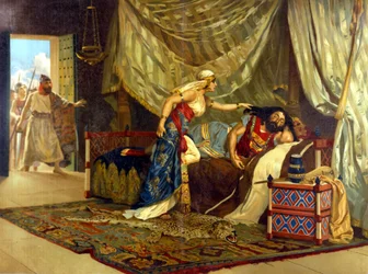 Dalila är på väg att klippa Samsons hår för att förbättra hennes styrka. 1800-talet.