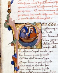 Dante Alighieri: Gudomlig komedi (gudomlig komedi) början av skärselden. Dante och Virgil. manuskript från 1300-talet. Milano bibl. Trivulziana