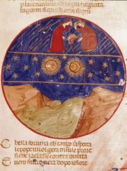 Dante och Beatrice ser från himlen, jorden och stjärnorna. Upplyst sida som illustrerar en sång av Paradiset från "Divina Commedia" av Dante Alighieri (1265-1321). 1300-talet, Venedig, Biblioteca Marciana