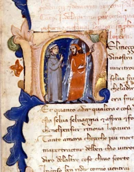 Dante och Vergilius vid helvetets ingång. (lettrine "" N "") Incipit of Hell of a Divina Commedia (gudomlig komedi) från 1300-talets Milano, Trivulzianska biblioteket. (Mitt i vårt livs resa ...)