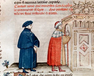 Dante och Vergilius vid porten till Dite kontrollerad av furierna (sång 9 från helvetet, i den gudomliga komedin) - miniatyr 1400-talet