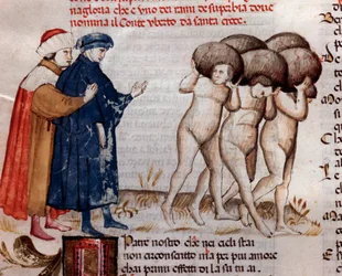 Dante och Vergilius tittar på greve och Umberto Aldobrandeschi Oderisi da Gubbio (sång 11 från skärselden, i den gudomliga komedin) - 1400-tal i miniatyr