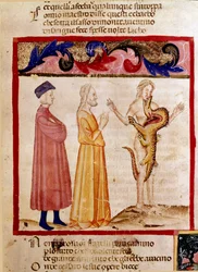 Dante och Vergilius möter själen hos en syndare som är dömd att bli uppslukt av en drake. Upplyst sida som illustrerar en helveteslåt hämtar från "Divina Commedia" av Dante Alighieri (1265-1321). 1300-talet, Venedig, Biblioteca Marciana