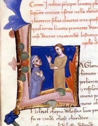 Dante hälsades av Bèatrice vid ingången till Paradiset. (lettrine "" L ") 1300-talsmanuskript av Divina Commedia (gudomlig komedi) Milano Trivulziana bibliotek