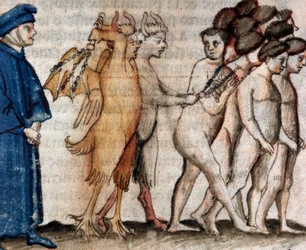 Dante möter Venedico Caccianemico i hallickarnas krets (sång 18 ur Helvetet, i Den gudomliga komedin) - miniatyr från 1400-talet