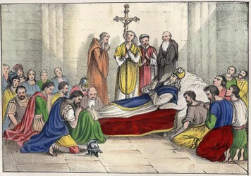 Saint Augustins död (354 - 430) Gravyr i ""Gamla och moderna Algeriet"" av Léon Galibert. Italiensk upplaga i 1846 färg.