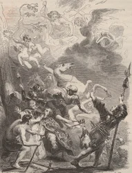 Sankt Lievin den stores (Livin, eller Lebwin eller Livinus) död som evangelisator av Flandern, martyrdöden 657/663. Gravyr från 1868 i "Histoire de Belgique från primitiv tid till slutet av Leopold I:s rege"" av Theodore Juste (1818-1888). Privat