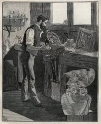 Dekor av silver: bronsmejselare. Gravyr från 1885 i "" Les arts et metiers illustres"" av Adolphe BITARD.