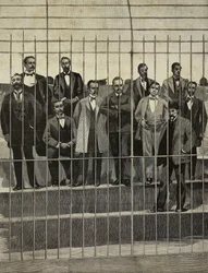 De åtalade i rättegången mot Giuseppe de Felice Giuffrida (1859-1920) och hans följeslagare, Palermo, Italien, gravyr efter fotografi av E Interguglielmi från L