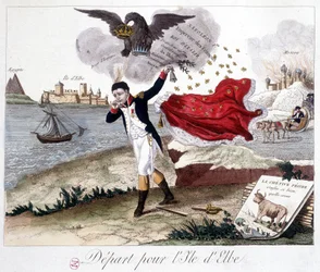 Avresa till ön Elba: Napoleon håller en klocka, en kejserlig örn ovanpå som påminner honom om hans titlar, Moskva i lågor i bakgrunden och i förgrunden: Fable de Lafontaine: "" grodan som ville vara större än oxen ””” (chétivet sid