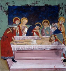 Avsättning i graven, Kristi liv (1400-talet), fresker, St Sebastians kapell, Villard-de-Lans, Rhone-Alpes, Frankrike.