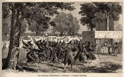 Dervishes Nakhisbendi, en persisk bokhara, Iran). Teckning av Emile Bayard (1837-1891), för att illustrera resan till Centralasien, 1863, av Arminius Vambery (ungersk vetenskapsman förklädd i dervisch). Gravyr i "" Le tour du monde", redigerad av Edouard C