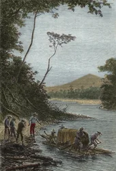 Amazonas nedstigning (1743-1744) - Flottens start av Charles Marie de La Condamine (1701-1774) gravyr -
