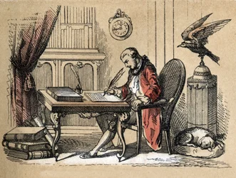 Beskrivning av olika produkter och användningsområden för papper: porträtt av Georges Louis Leclerc, greve av Buffon, naturforskare och författare (1707-1788) som skriver sin naturhistoria. Tallrik "" Le papier et ses produits"" i "" les Recreations instru