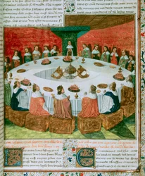 Detalj av: Kung Arthur och riddarna vid det runda bordet som deltar i den heliga grals uppenbarelse. (Kungen Arthur och Riddarna av det runda bordet). Belysning som illustrerar ett manuskript av "Quete of the Holy Grail", ca. 1470. Folio 5 av den Fre