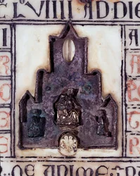 Detalj av en gravsten i marmor av Simonetta och Percivalle Lercari, med relief och gravyr