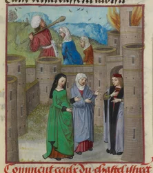 Detalj av en miniatyr av Fara och andra allegoriska figurer som flyr från slottet i lågor, från "Le Roman de la Rose"