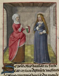 Detalj av en miniatyr av la Vieille (Duenna) och Bel Accueil (Fair Welcome), från "Le Roman de la Rose"