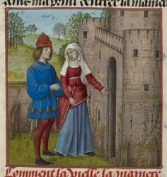 Detalj av en miniatyr av älskaren och la Vieille (Duenna), från "Le Roman de la Rose"