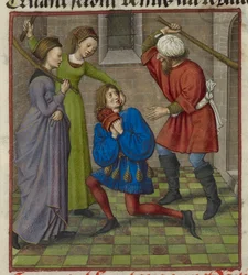 Detalj av en miniatyr som visar Honte, Peur och Danger attackera älskaren, från "Le Roman de la Rose"