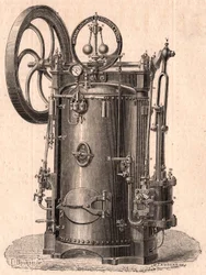Detaljerad teknisk vy av en liten ångmaskin tillverkad i Paris 1866: panna, cylinder, kolv, vevstake och svänghjul