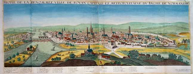 Detaljerad vy över staden Rouen i Normandie. Gravyr från 1600-talet. Paris B.N.