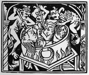 Djävlar som plågar det frodiga i en brunn av eld och svavel - i "" Grand Calendrier et Compost des Bergers"", Lyon