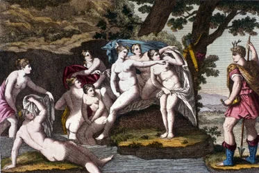 Diane fångad i badet av jägaren Acteon. Gravyr från "" Dizionario mitologico""" 1800-talet