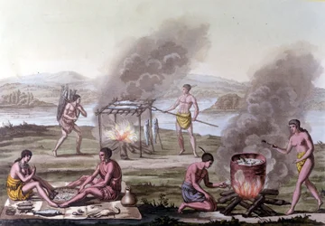 Mat- och matlagningsscen bland Florida-indianerna. 1600-talsgravyr.