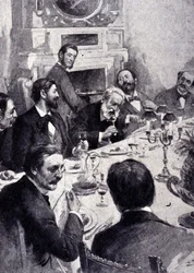 Middag vid bordet av Victor Hugo med Jean Mounet Sully (Mounet-Sully) (1841 - 1916), fransk skådespelare. Gravyr av 1800-talet.